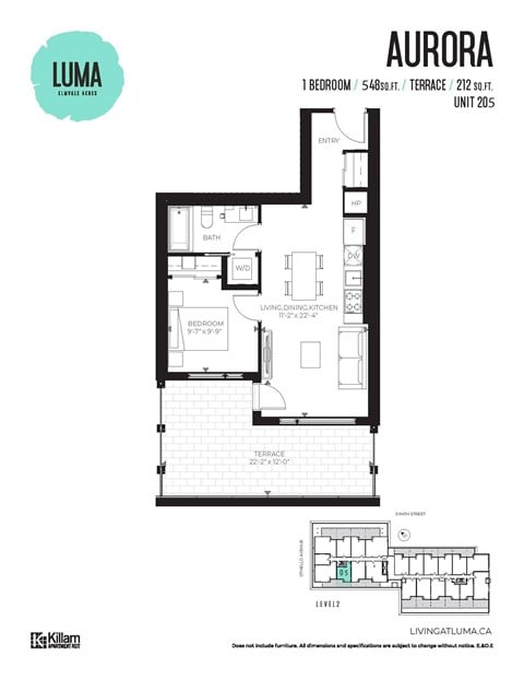 Floor plan for 1 bed, 1 bath, 605 sqft