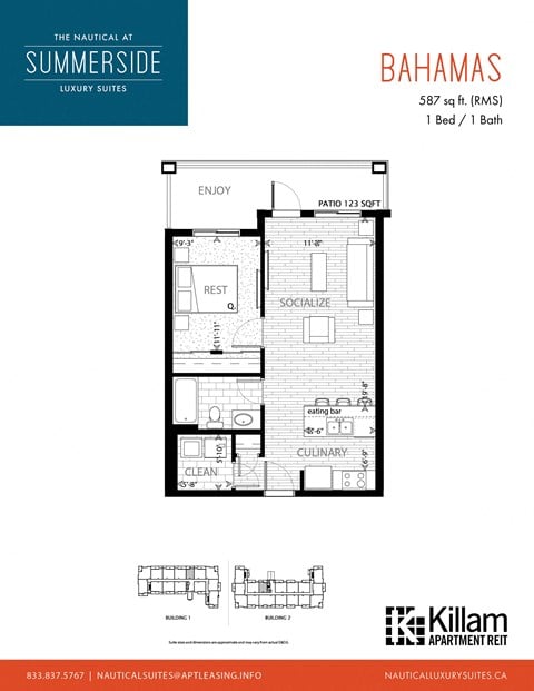 Floor plan for 1 bed, 1 bath, 587 sqft