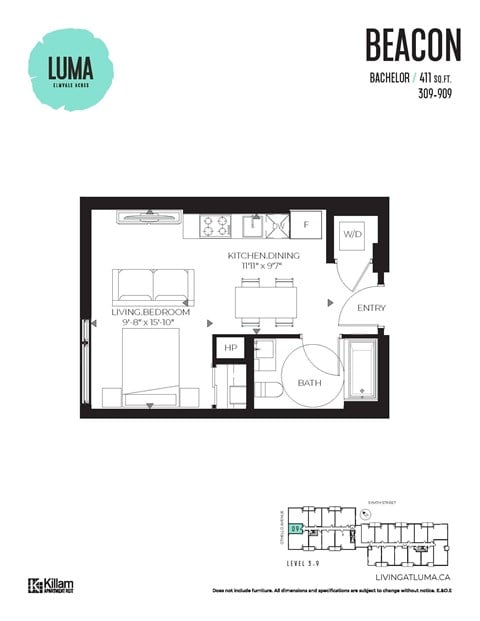Floor plan for studio, 1 bath, 411 sqft
