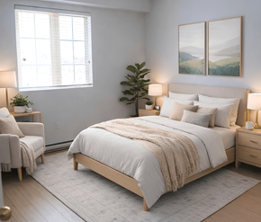 Moncton apartment for rent - A bedroom with a large bed, a chair, and a painting on the wall.