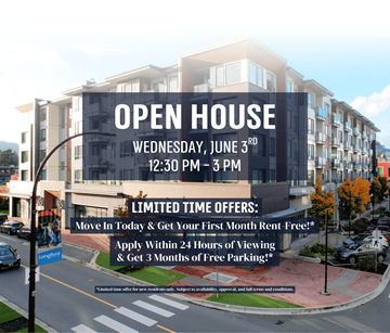Victoria apartment for rent - An open house event is advertised for Wednesday, June 3rd from 12:30 PM to 3 PM.