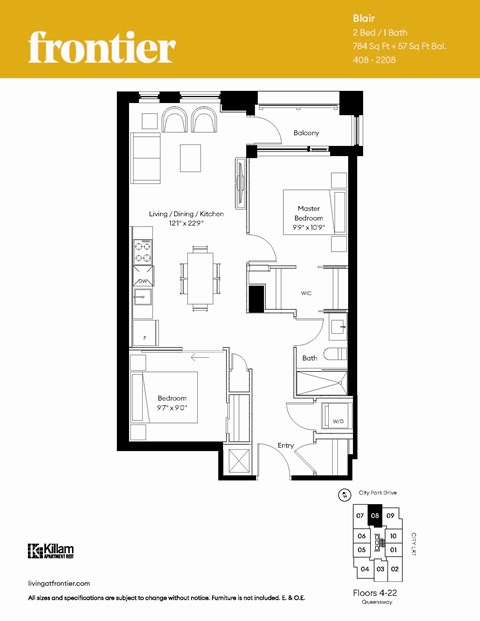 Floor plan for 2 beds, 1 bath, 784 sqft