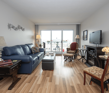 Riverview apartment for rent - A living room with a blue couch and a television.