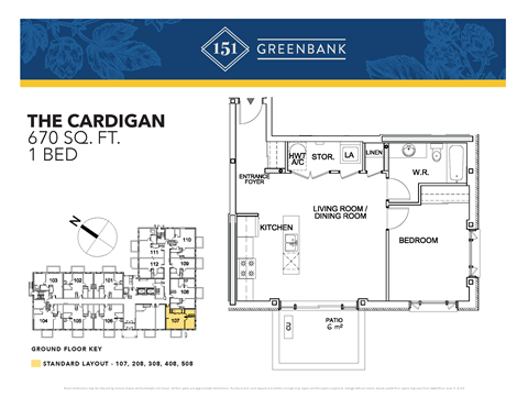 Floor plan for 1 bed, 1 bath, 674 sqft