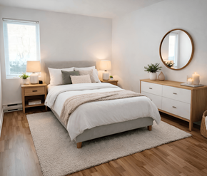 Moncton apartment for rent - A bedroom with a large bed, a nightstand with a lamp, and a dresser with a mirror.