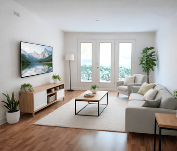 Moncton apartment for rent - A modern living room with a large painting on the wall and a view of the outdoors through the sliding glass doors.