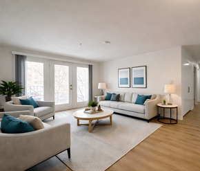 Moncton apartment for rent - A living room with a white couch, a coffee table, and a plant.