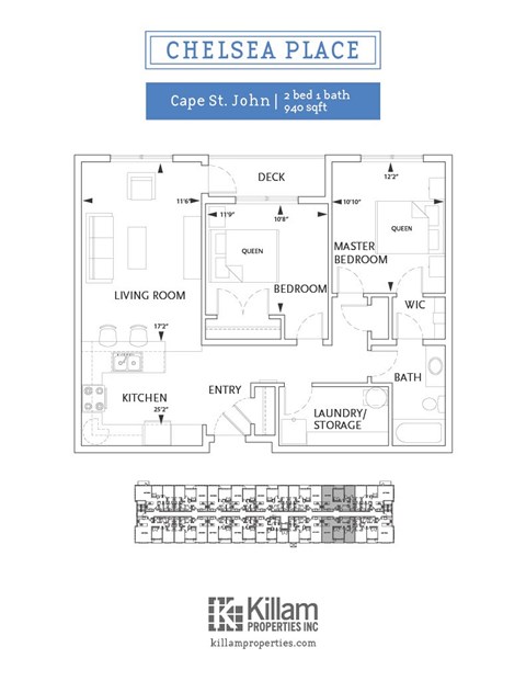 Floor plan for 2 beds, 1 bath, 940 sqft