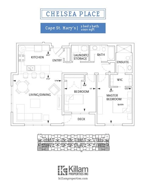 Floor plan for 2 beds, 2 baths, 940 sqft