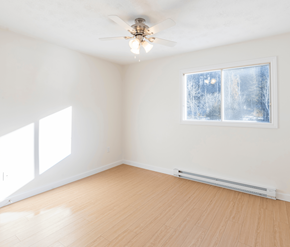 Saint John apartment for rent - A room with a ceiling fan and a window showing a snowy scene outside.
