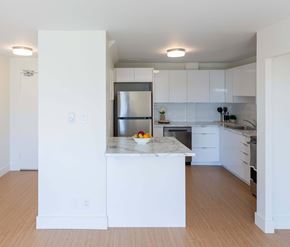 Moncton apartment for rent - A kitchen with white cabinets and a marble island.