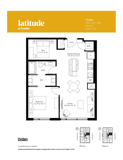 Floor plan for 1 bed, 1 bath, 737 sqft