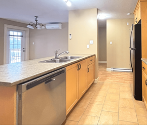 Dieppe apartment for rent - A kitchen with a stainless steel dishwasher and black refrigerator.