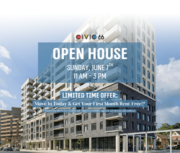Kitchener apartment for rent - An advertisement for an open house event at a building called Civic 66 on Sunday, June 7th from 11 AM to 3 PM.