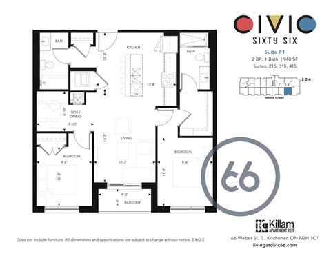 Floor plan for 2 beds, 2 baths, 872 sqft