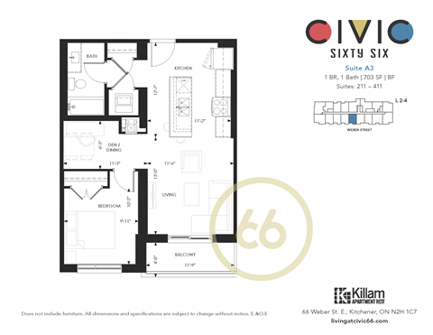 Floor plan for 1 bed, 1 bath, 711 sqft