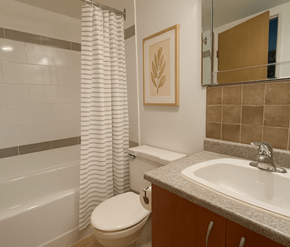 Victoria apartment for rent - A bathroom with a toilet, sink, and shower curtain.