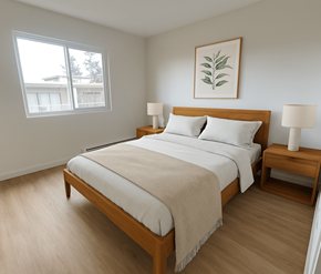 Victoria apartment for rent - A bedroom with a large bed and a painting on the wall.