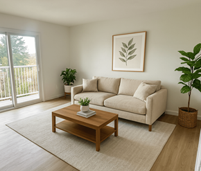 Victoria apartment for rent - A living room with a couch, coffee table, and potted plant.