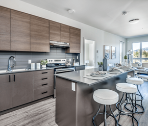 Victoria apartment for rent - A modern kitchen with a large island and bar stools.