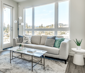 Victoria apartment for rent - A living room with a grey couch, a glass coffee table, and a large window overlooking a snowy landscape.