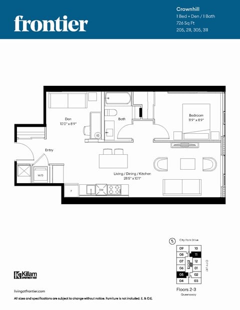 Floor plan for 1 bed, 1 bath, 729 sqft