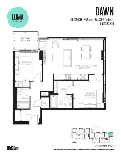 Floor plan for 2 beds, 2 baths, 962 sqft