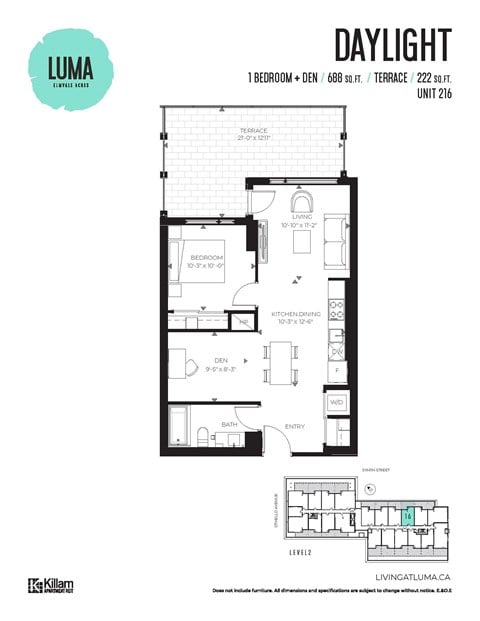 Floor plan for 1 bed, 1 bath, 688 sqft