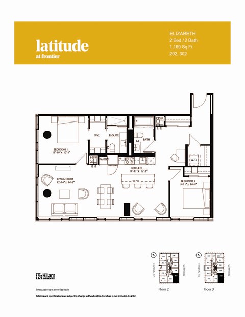 Floor plan for 2 beds, 2 baths, 1069 sqft
