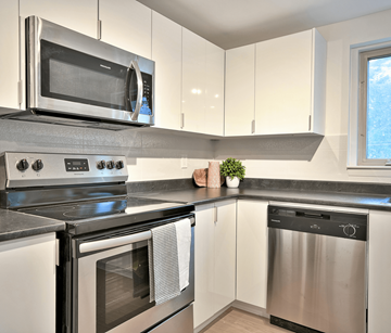 Fredericton apartment for rent - A modern kitchen with a stainless steel dishwasher and oven.