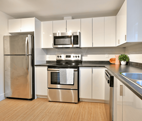 Fredericton apartment for rent - A modern kitchen with a stainless steel refrigerator and oven.