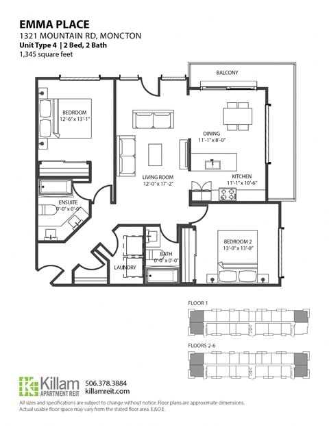 Floor plan for 2 beds, 2 baths, 1345 sqft