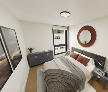 Halifax townhouse for rent - A bedroom with a large bed and a window overlooking a parking lot.