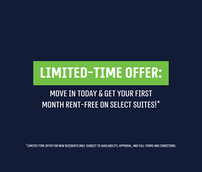 Cambridge apartment for rent - A promotional image offering a first month rent-free on select suites for new residents.