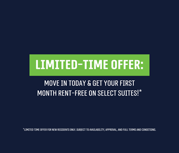 Dartmouth apartment for rent - A promotional image offering a first month rent-free on select suites for new residents.
