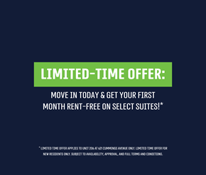 Ottawa apartment for rent - A promotional image offering a first month rent-free on select suites for new residents.