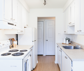 St. Johns apartment for rent - A white kitchen with a stove, sink, and cabinets.