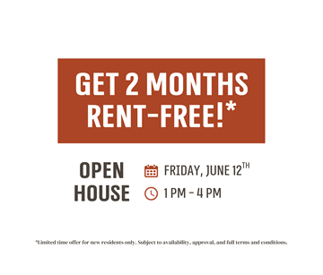 Ottawa apartment for rent - A sign advertises a 2 months rent-free offer for new residents at an open house event on Friday, June 12th from 1 PM to 4 PM.