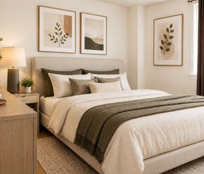 Halifax apartment for rent - A bedroom with a large bed and a nightstand with a lamp.
