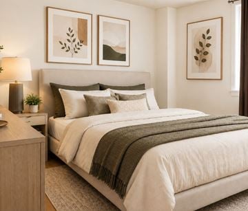 Halifax apartment for rent - A bedroom with a large bed and a nightstand with a lamp.