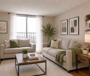 Halifax apartment for rent - A living room with two couches, a coffee table, and a potted plant.