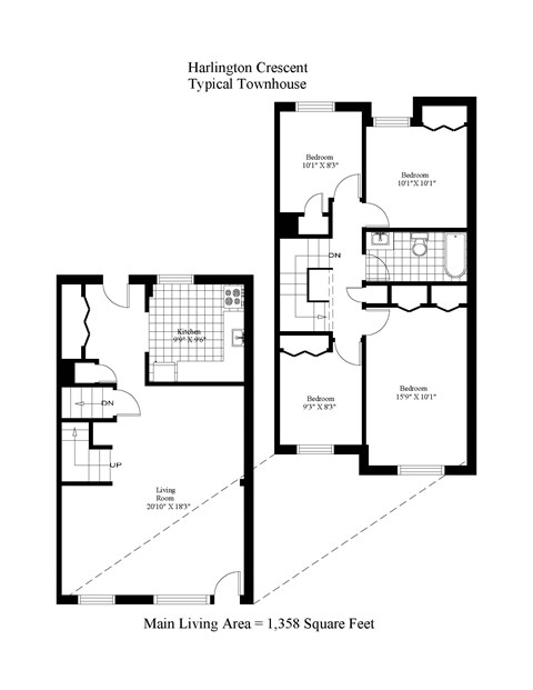 Floor plan for 4 beds, 1 bath, 1358 sqft