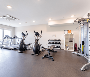 Edmonton apartment for rent - A spacious gym with a variety of equipment including treadmills, stationary bikes, and weight machines.