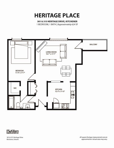 Floor plan for 1 bed, 1 bath, 760 sqft