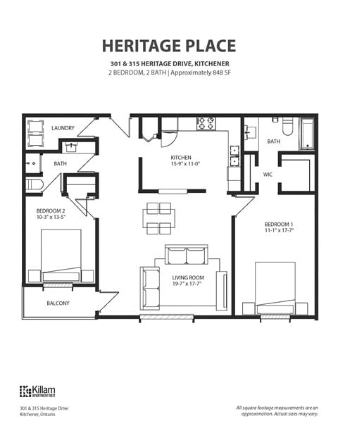 Floor plan for 2 beds, 2 baths, 1120 sqft