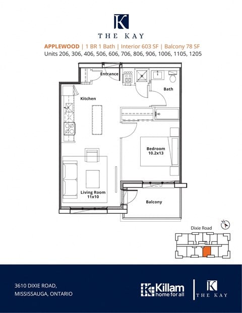 Floor plan for 1 bed, 1 bath, 585 sqft