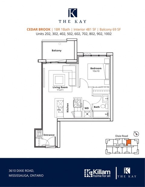 Floor plan for 1 bed, 1 bath, 481 sqft