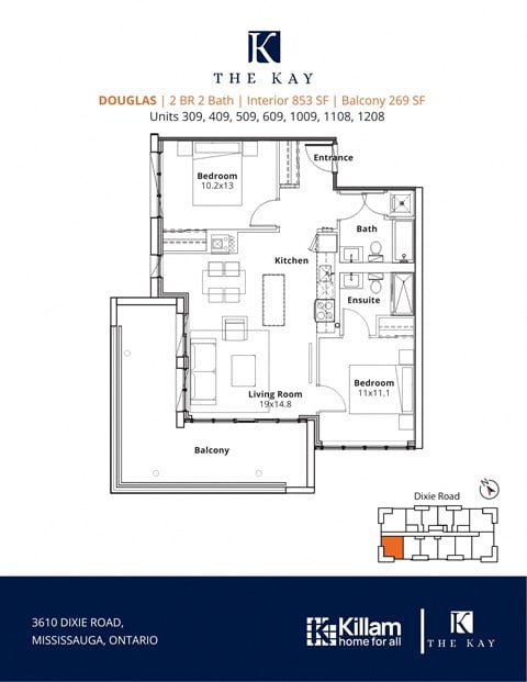 Floor plan for 2 beds, 2 baths, 853 sqft