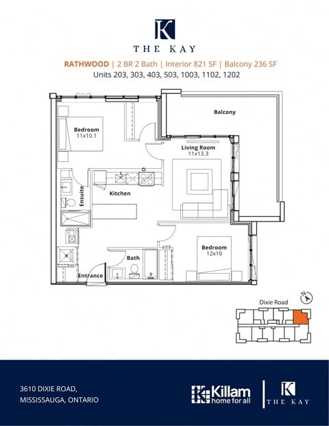 Floor plan for 2 beds, 2 baths, 821 sqft