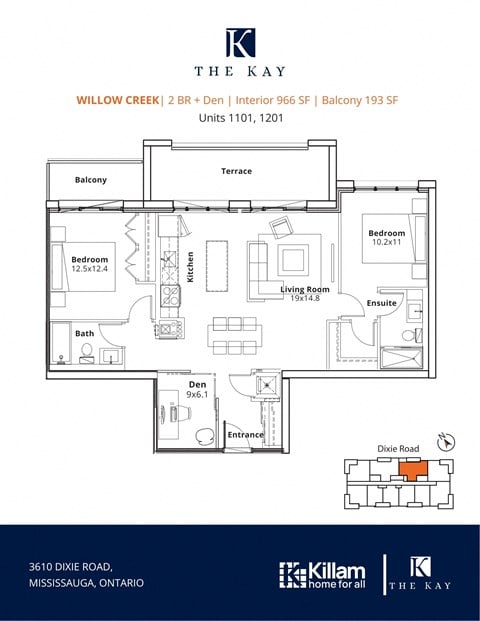 Floor plan for 2 beds, 2 baths, 966 sqft